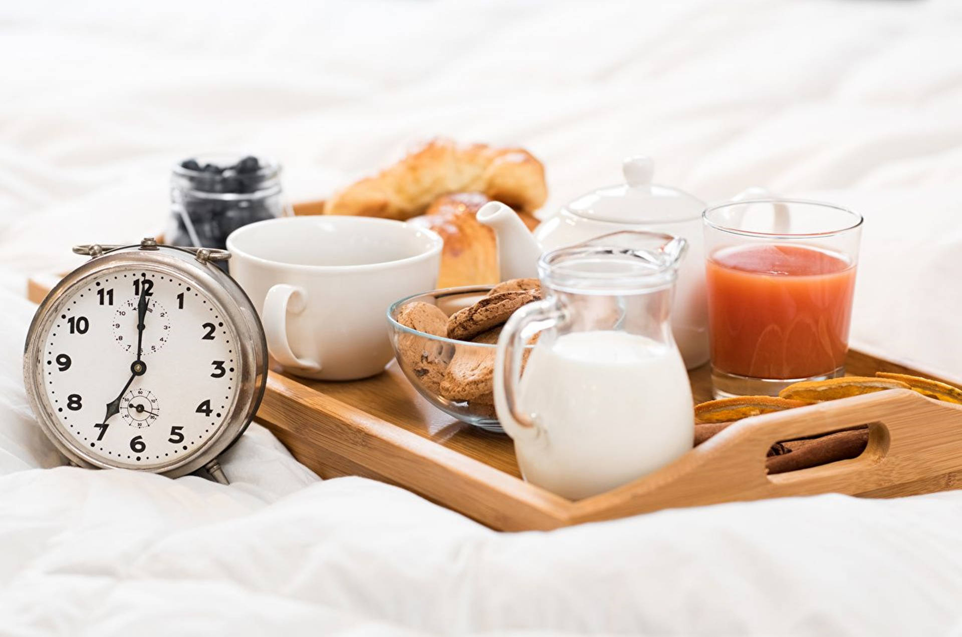 Breakfast In Bed With Milk Background