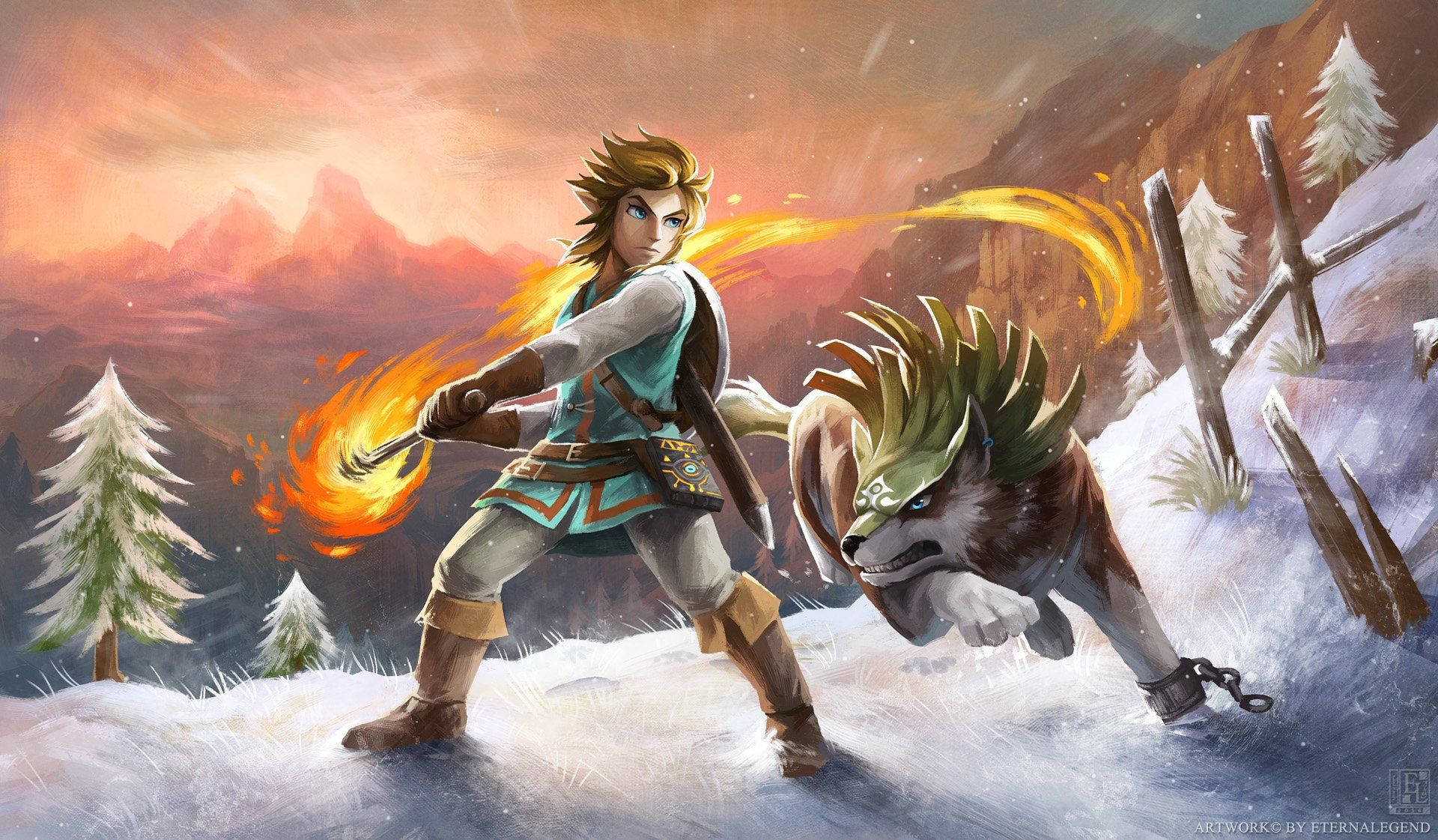 Breath Of The Wild Link And Wolf Artwork Background