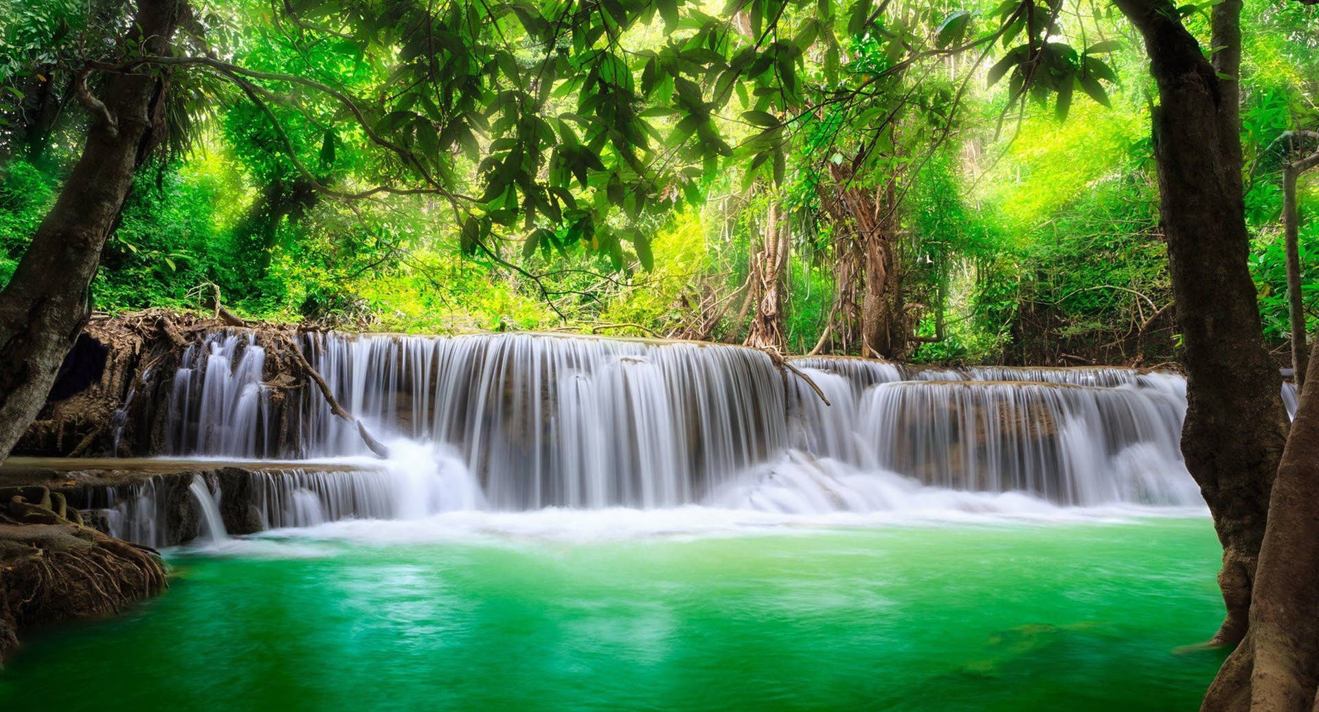 Breathtaking Huai Mae Khamin Hd Waterfall Background