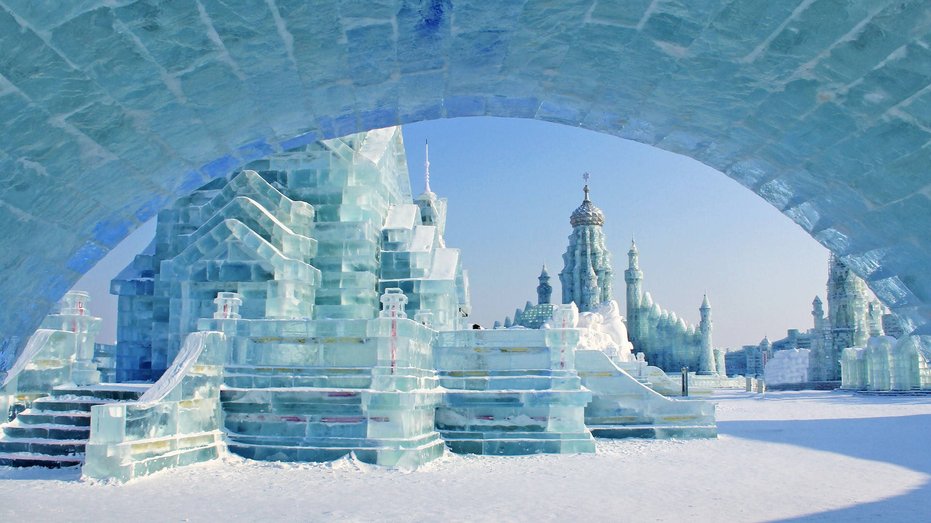 Breathtaking View Of Ice Sculptures In Harbin City Ice Cave- The Winter Wonderland