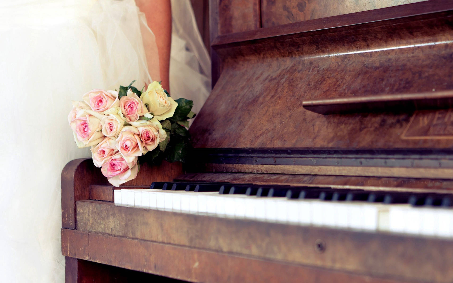 Bride And Vintage Wooden Piano Background