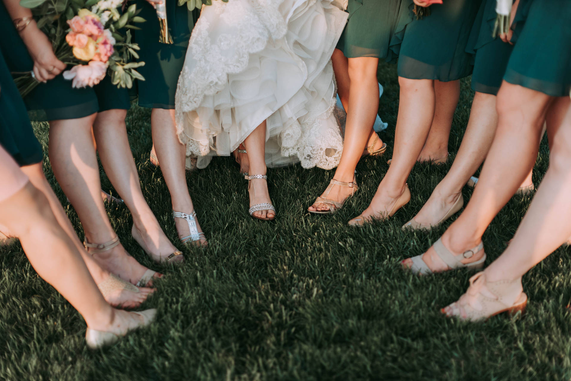 Bridesmaids High Heels In Grass Background