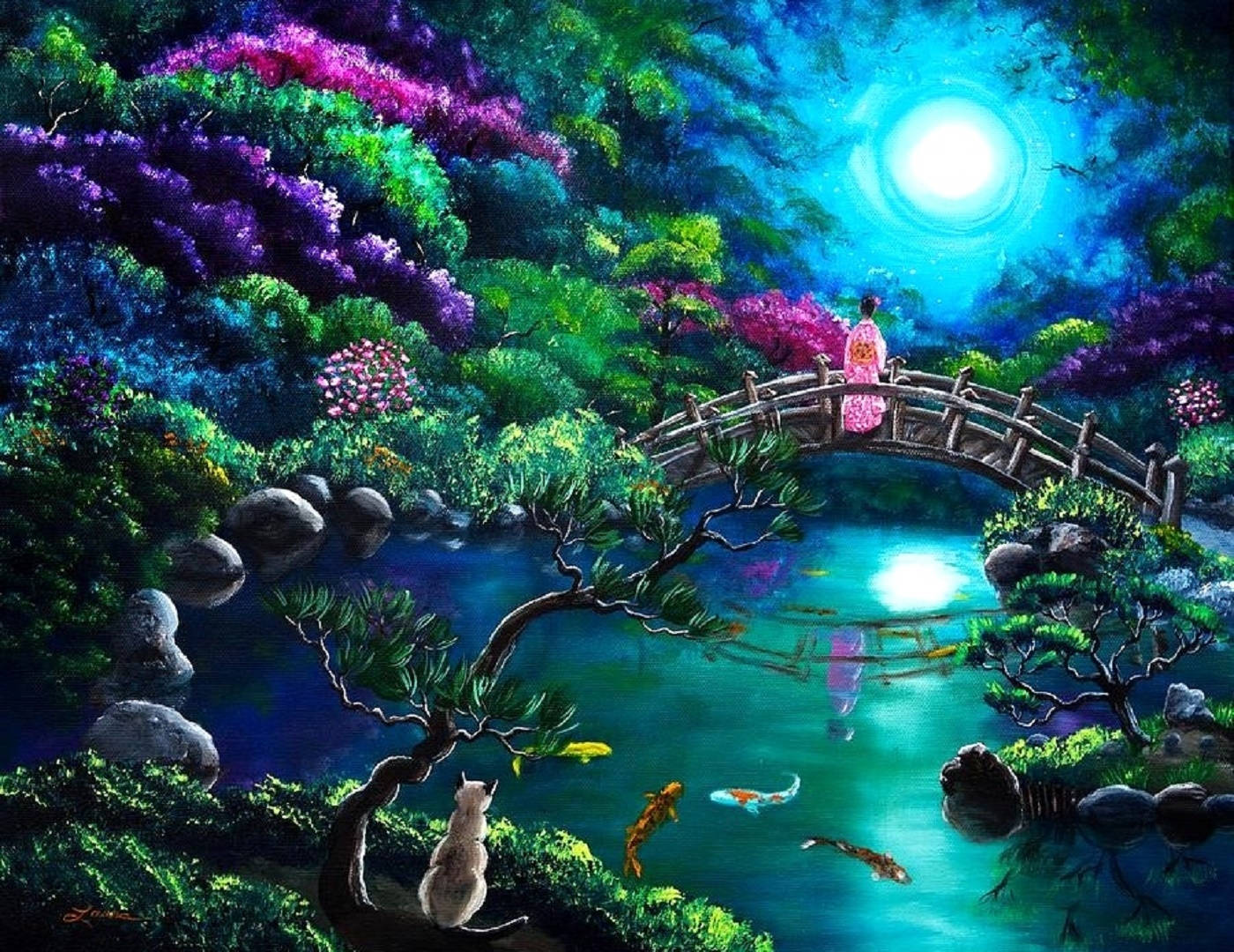 Bridge And Pond Under Moonlight Background