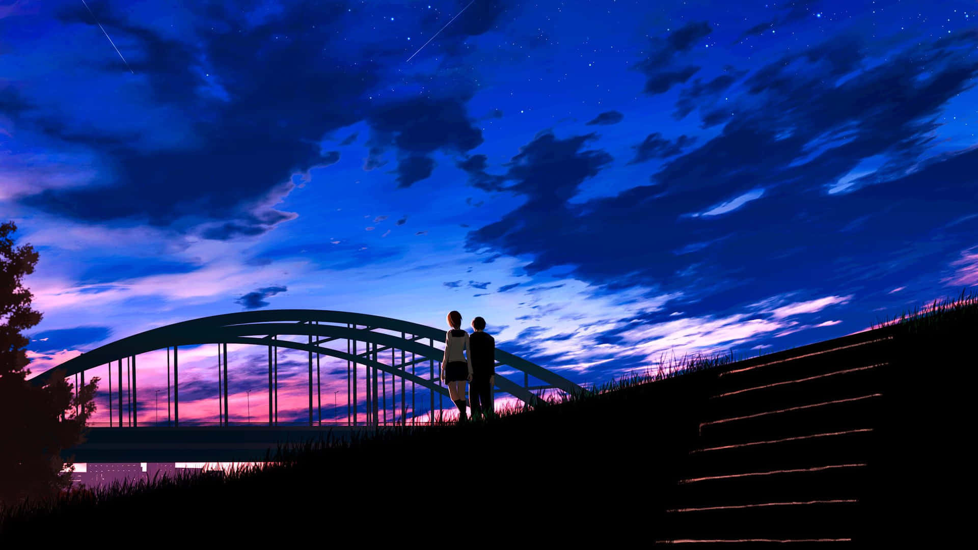 Bridge Anime Night Scenery Background