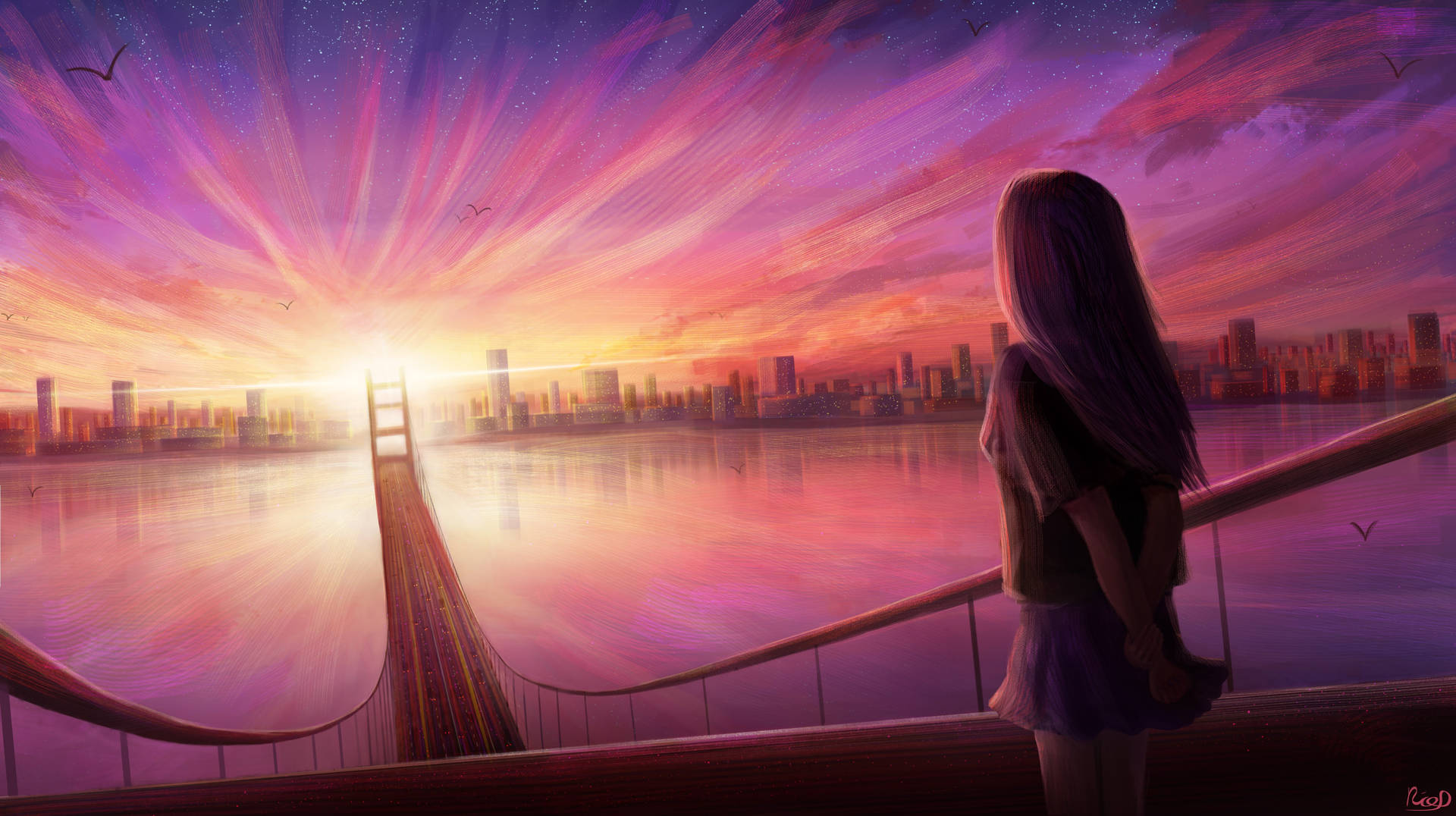 Bridge Top Anime Aesthetic Sunset Background