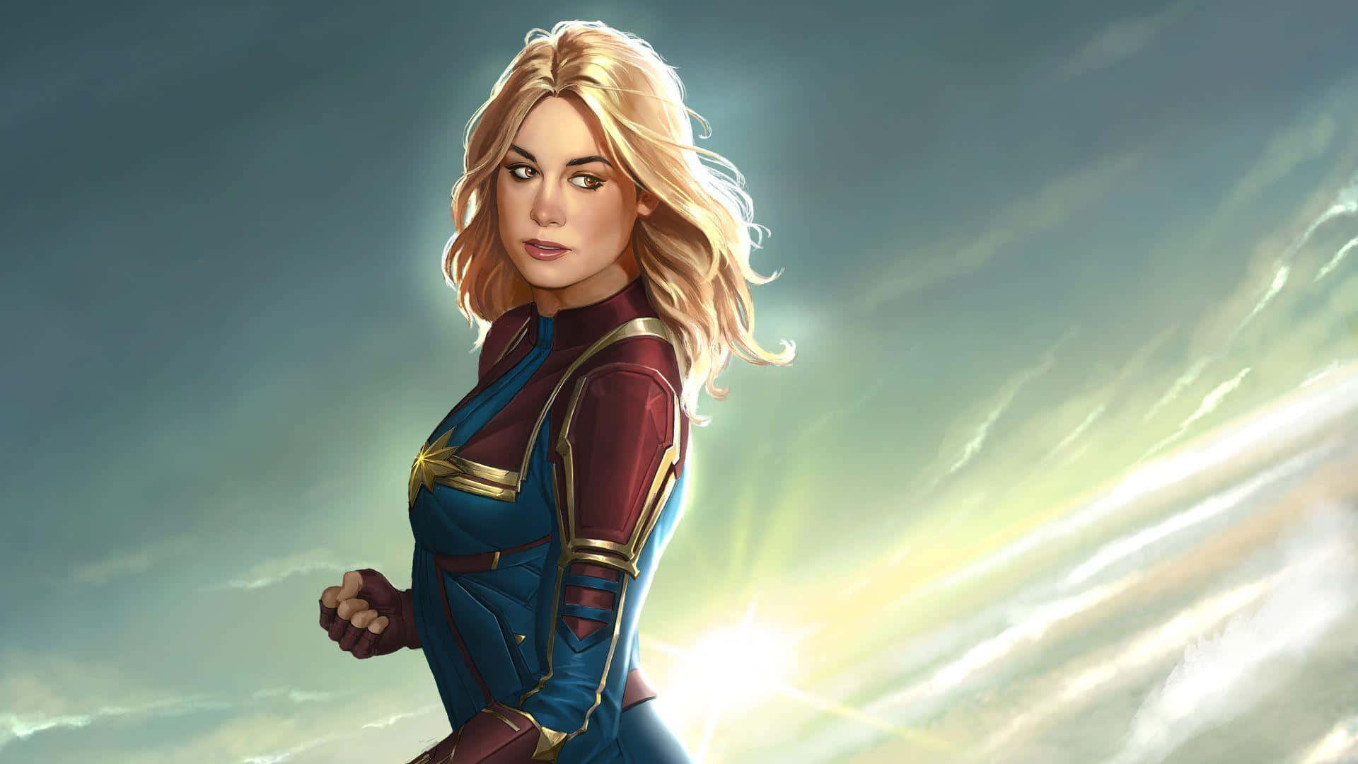 Brie Larson As Captain Marvel Soaring Through The Skies Background
