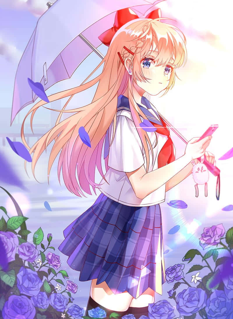 Bright Anime Girl Skirt Umbrella Background