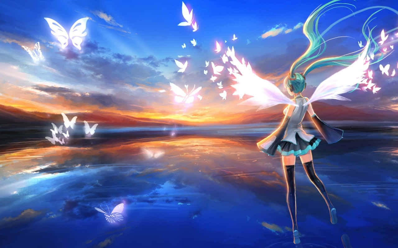 Bright Anime Girl Wings Butterflies Background