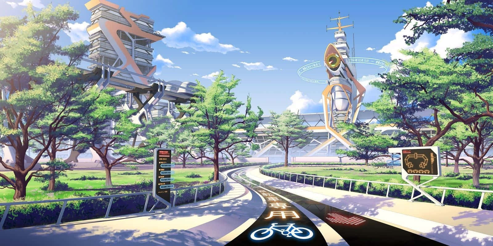 Bright Anime Road Terrific Buildings Background