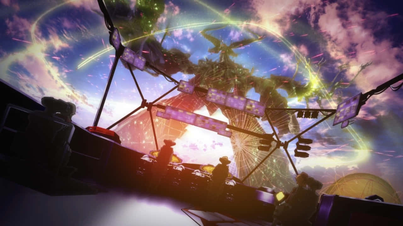 Bright Anime Sky Spaceship Background