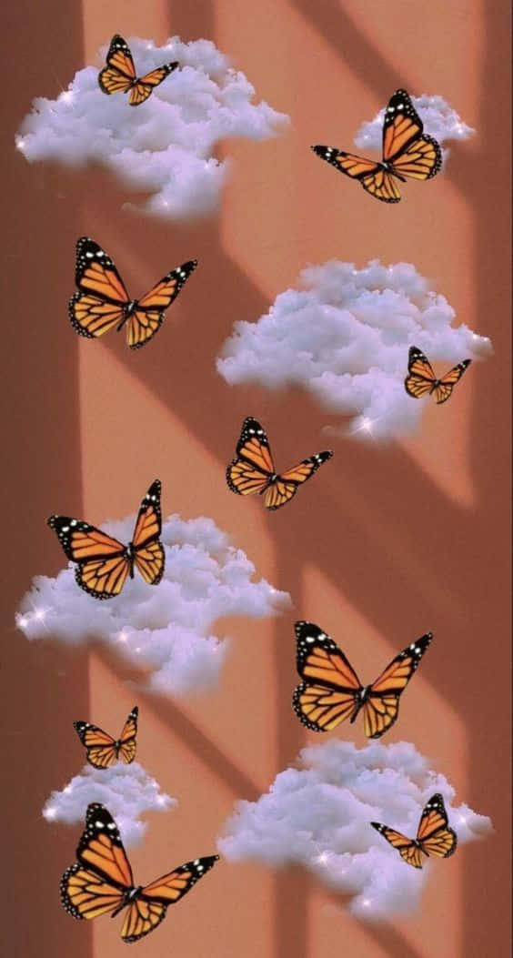 Bright, Blue Butterfly Makes Its Way Across The Sky Background