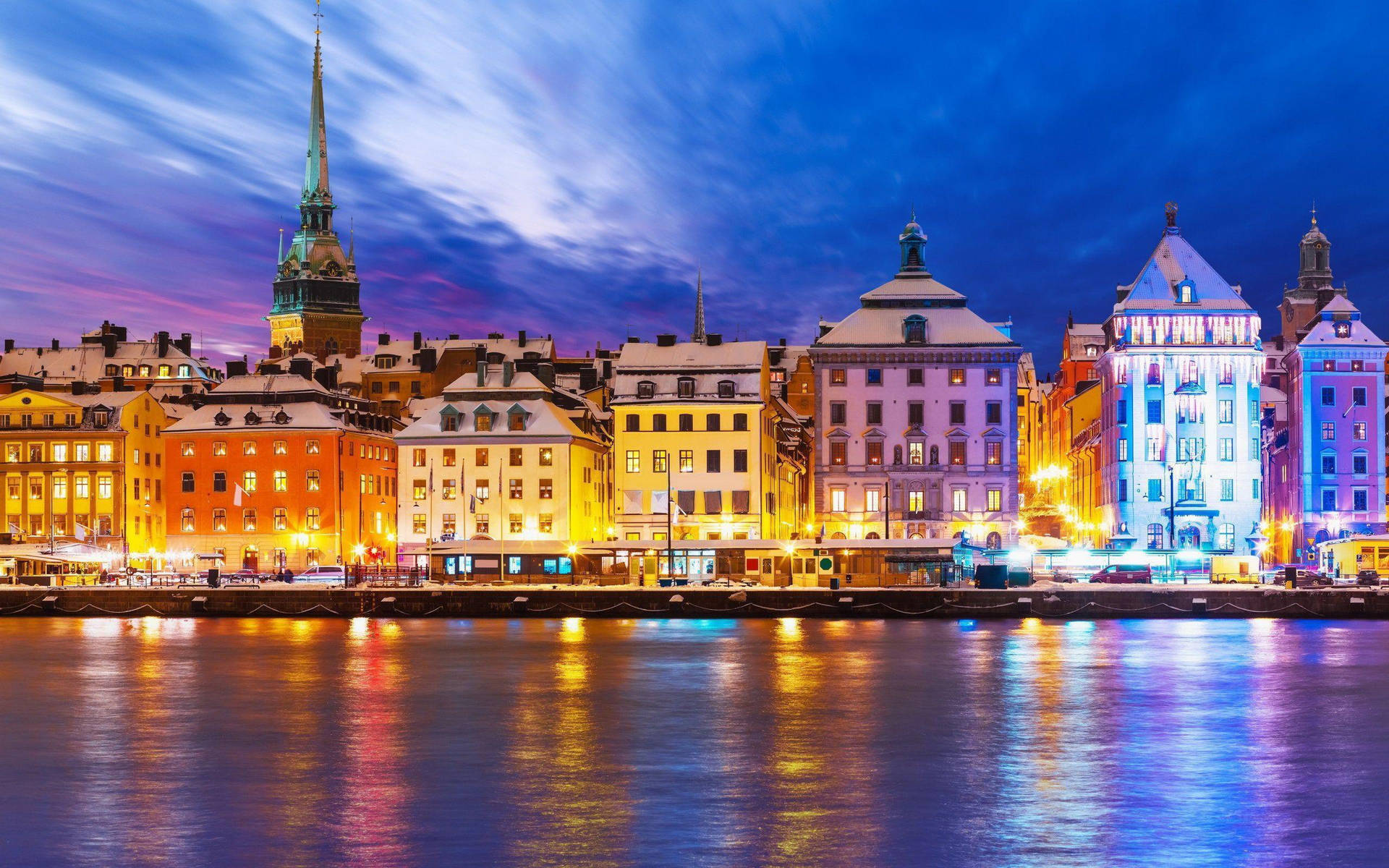 Bright City Lights In Stockholm Background