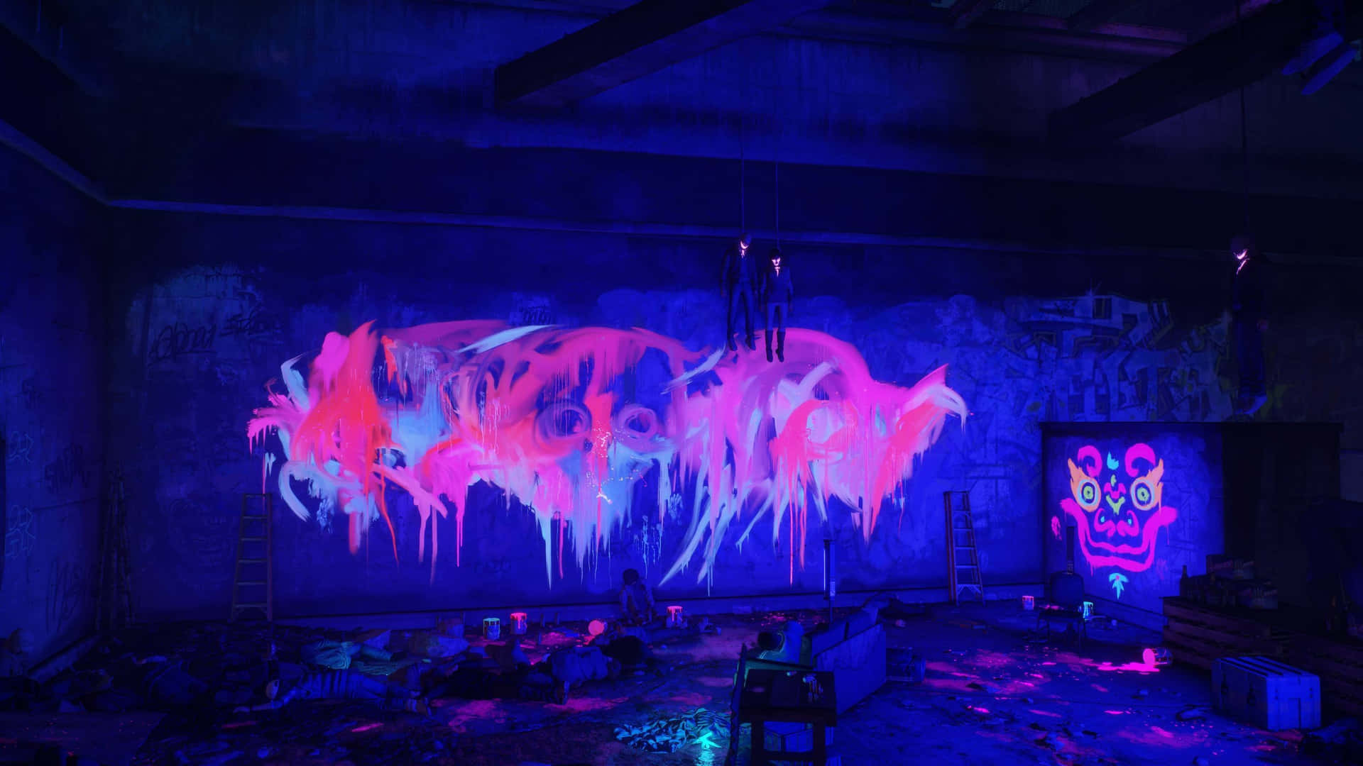Bright Futuristic Urban Scene With Neon Lights Background