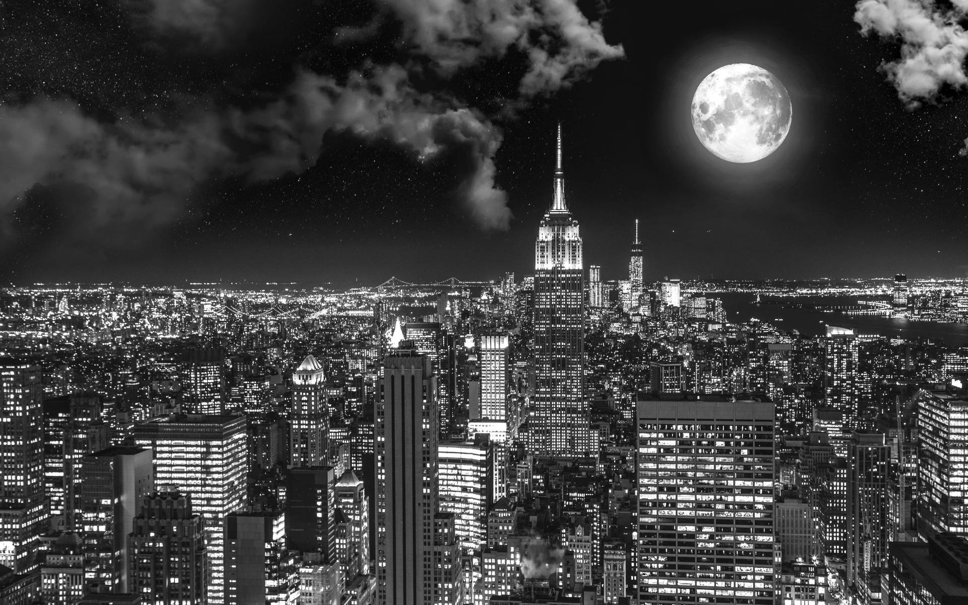 Bright Moon Skyscrapers New York 4k Background