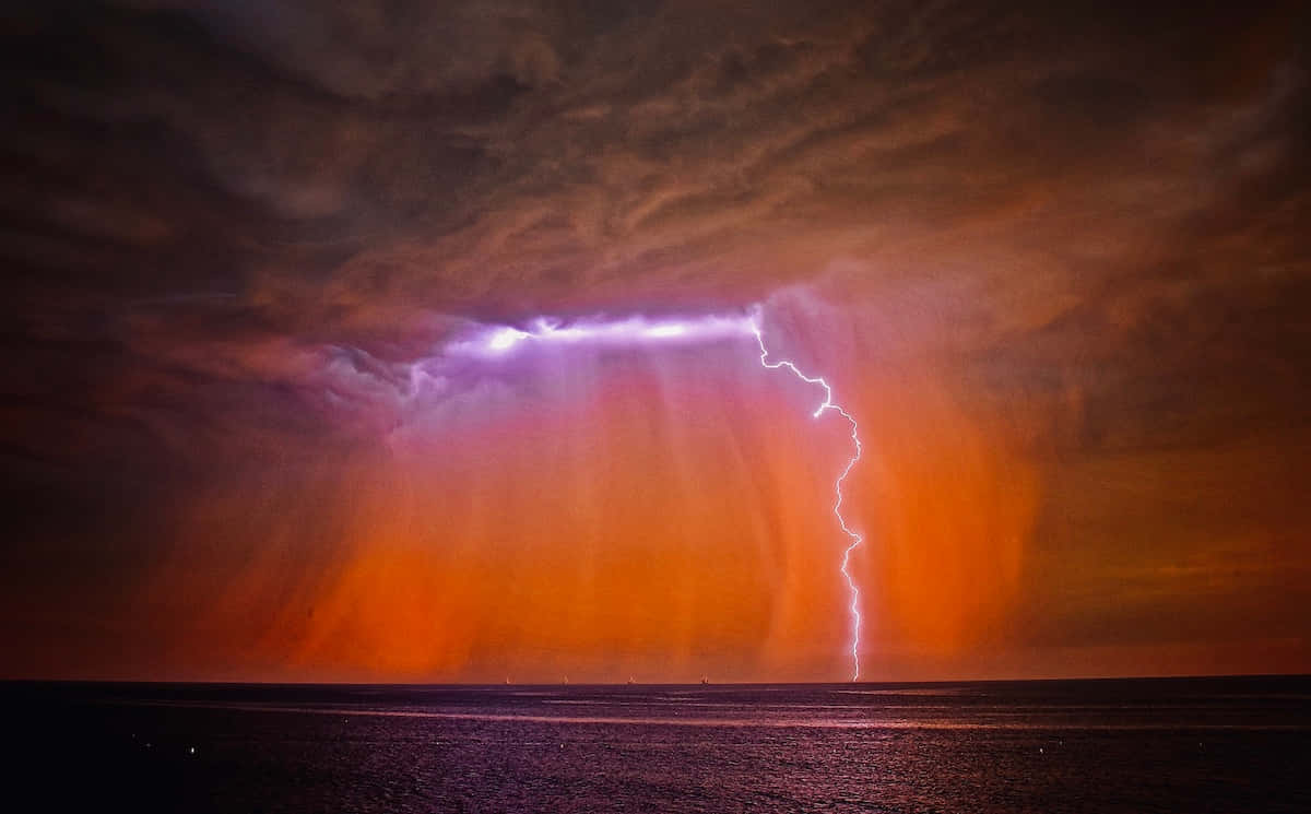 Bright Red Lightning Against A Dark Sky Background