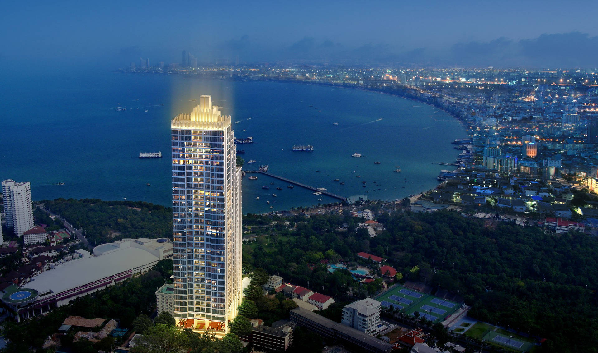 Bright Skyscraper In Pattaya At Night Background