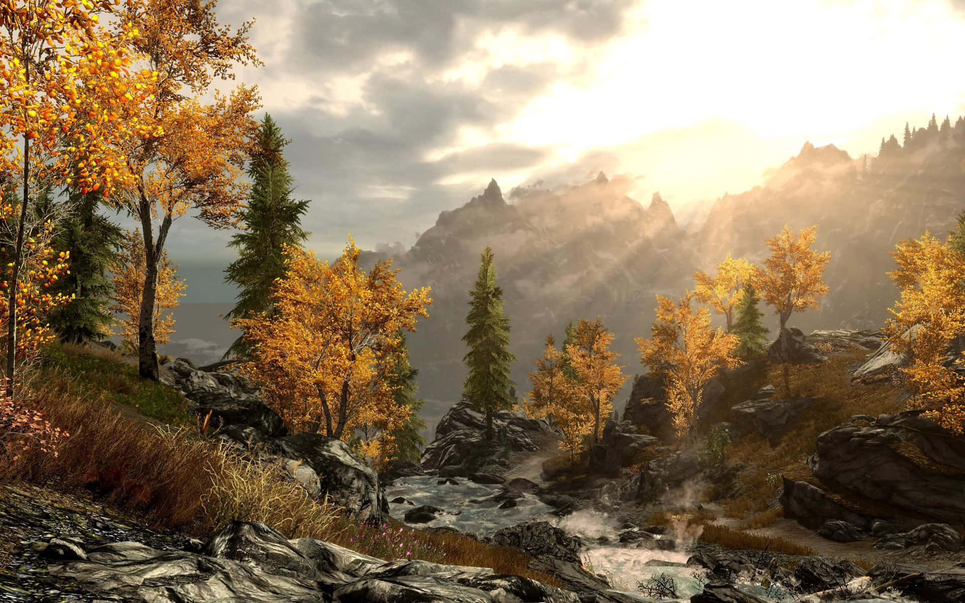 Bright Sunset Mountain Skyrim Landscape