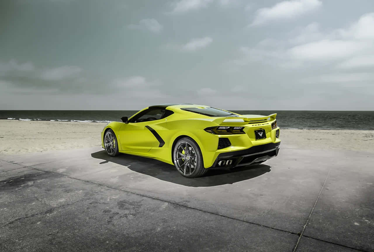 Bright Yellow Corvette C8on Beachfront