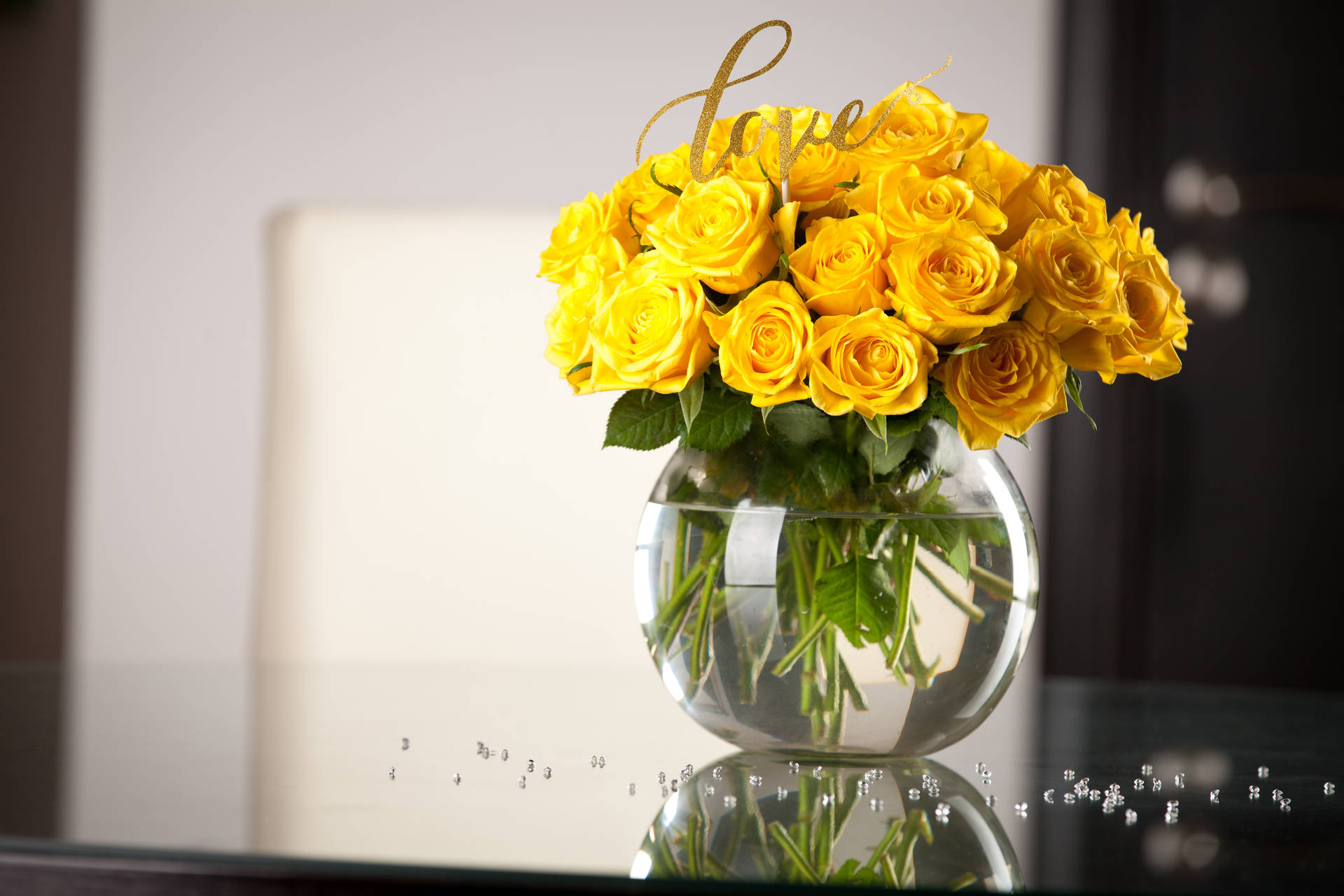 Bright Yellow Roses In Flower Vase Background