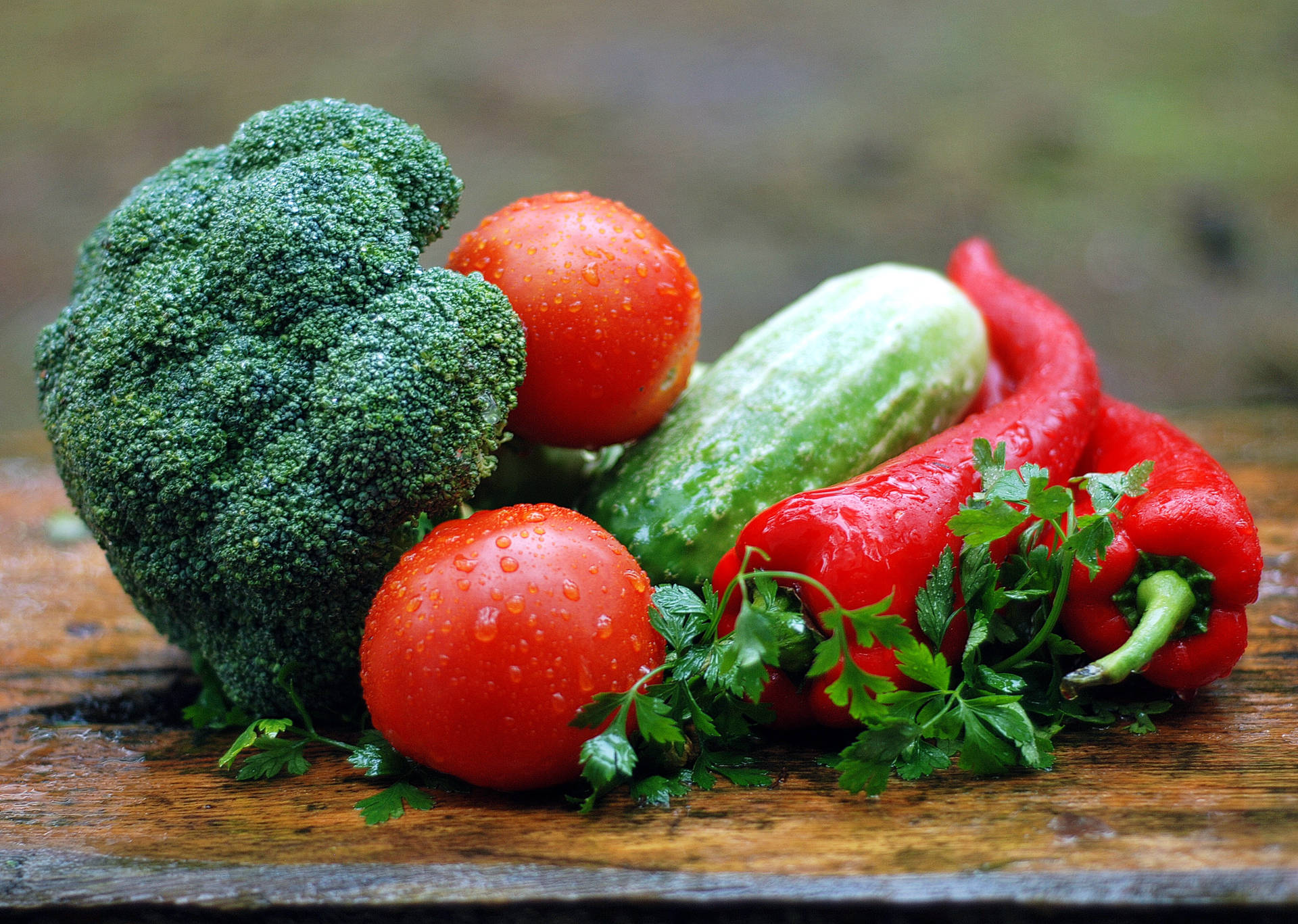 Broccoli With Tomatoes Red Chili Cucumber Background