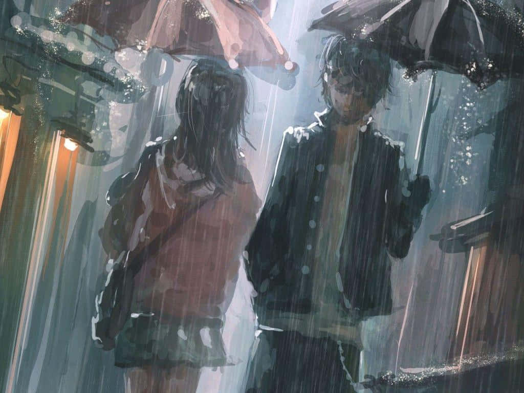 Broken Heart Anime Couple In The Rain Background