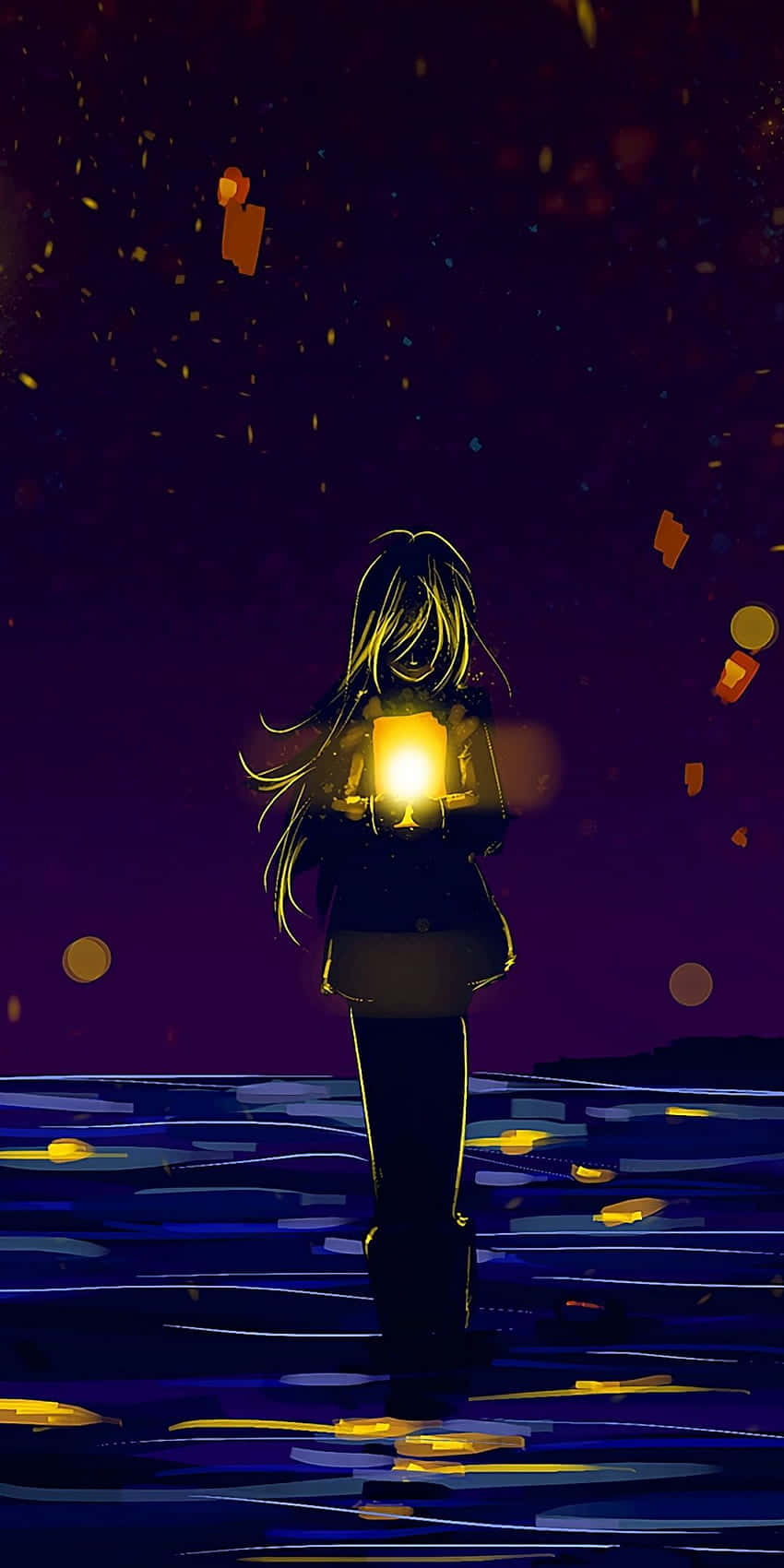 Broken Heart Anime Girl Holding A Lamp Background