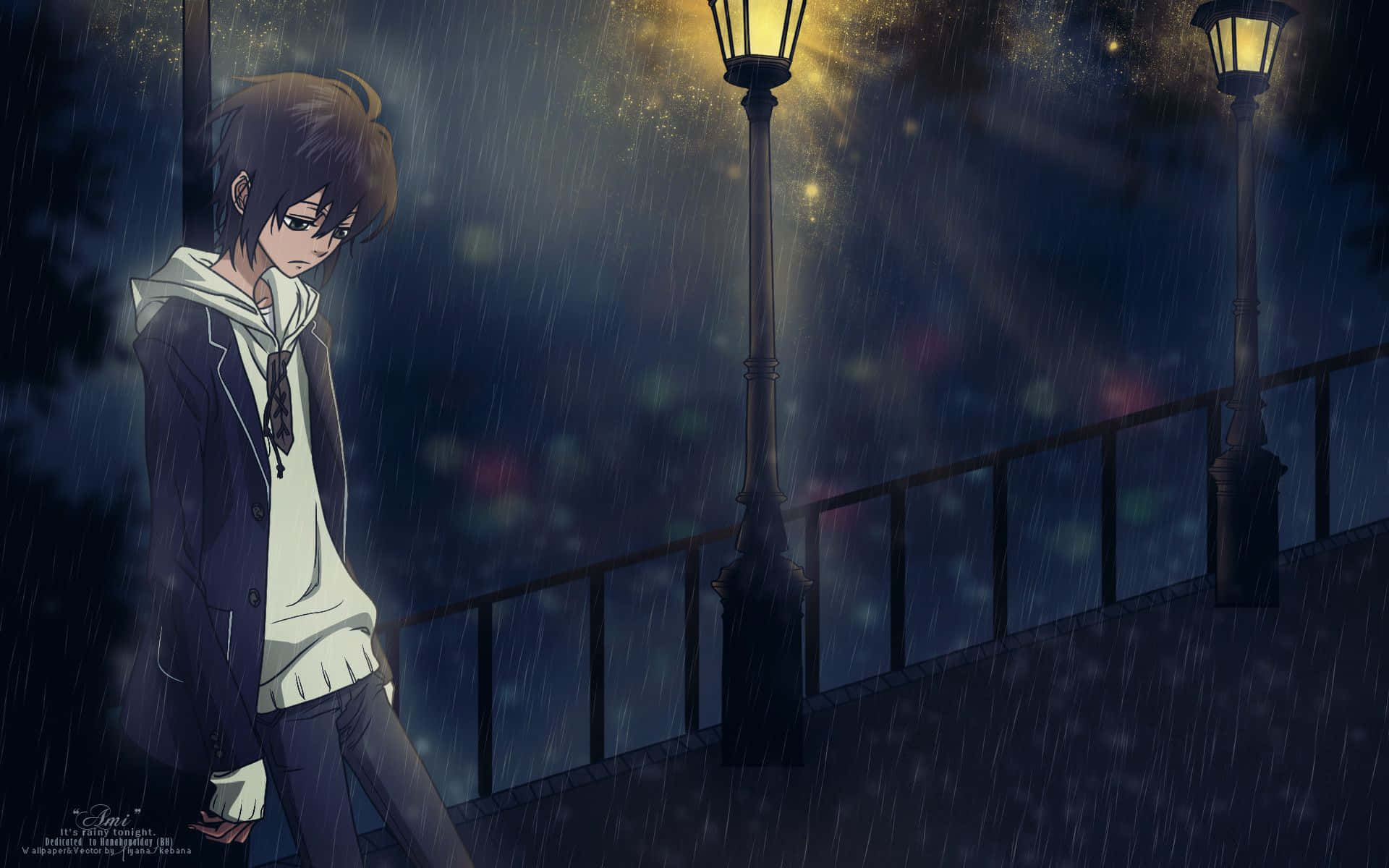 Broken Heart Anime Guy Leaning On Lamp Background