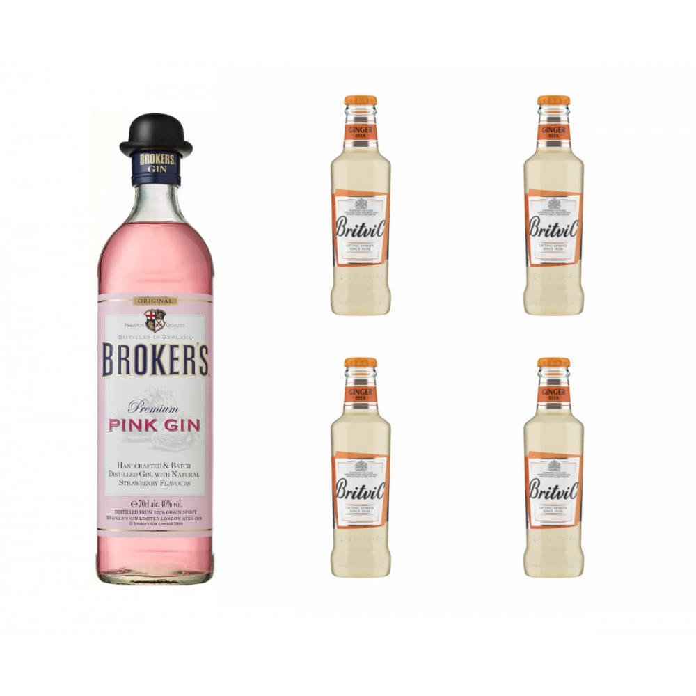 Brokers Pink Gin Paired With Britvic Ginger Beer On A Countertop Background