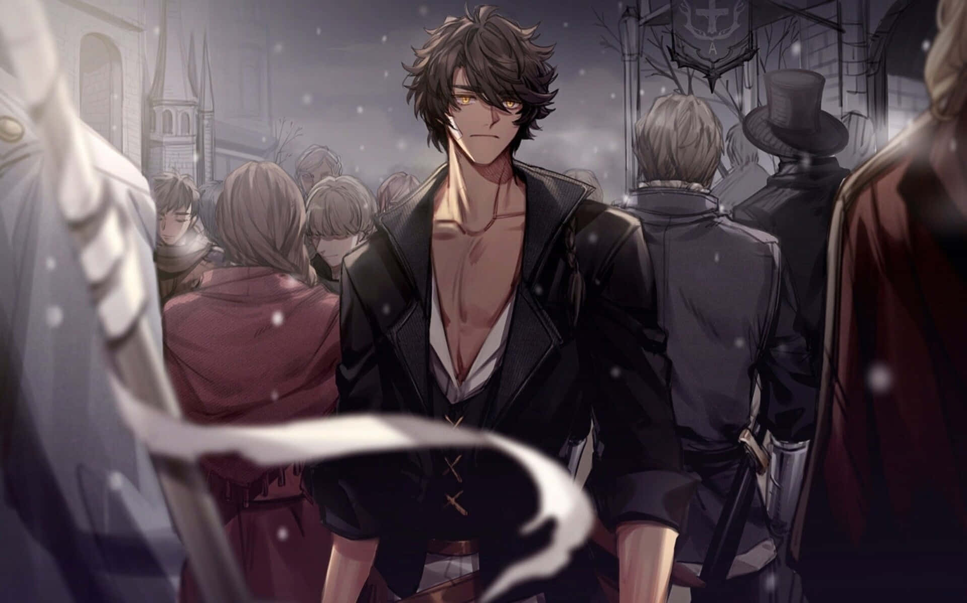 Brooding Anime Characterin Crowd.jpg Background