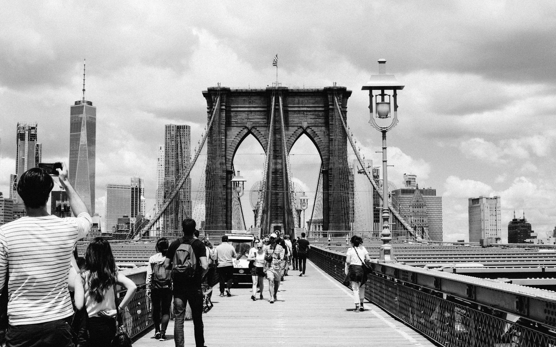 Brooklyn Bridge And People In Monochrome Background