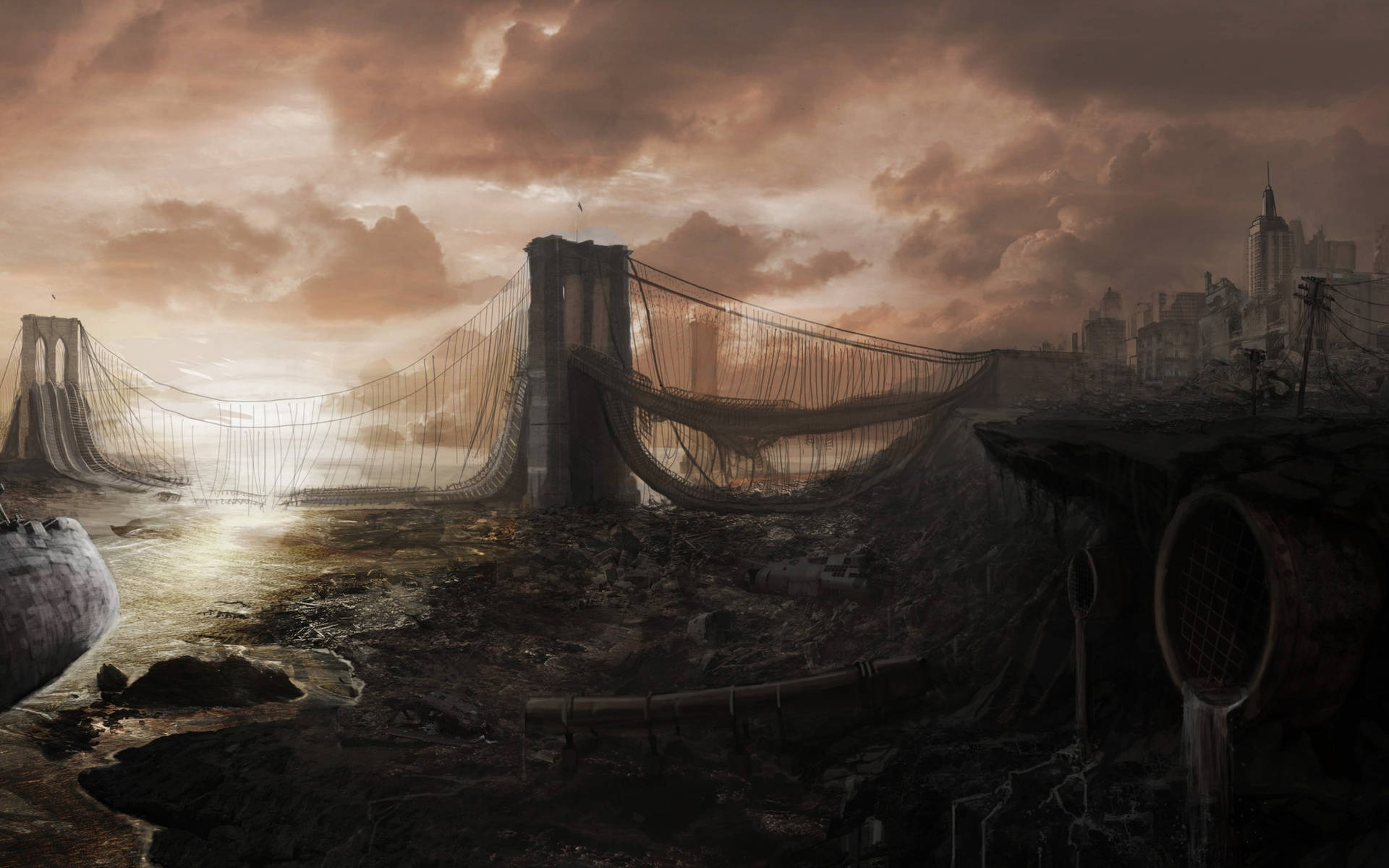 Brooklyn Bridge In Dystopian World Background