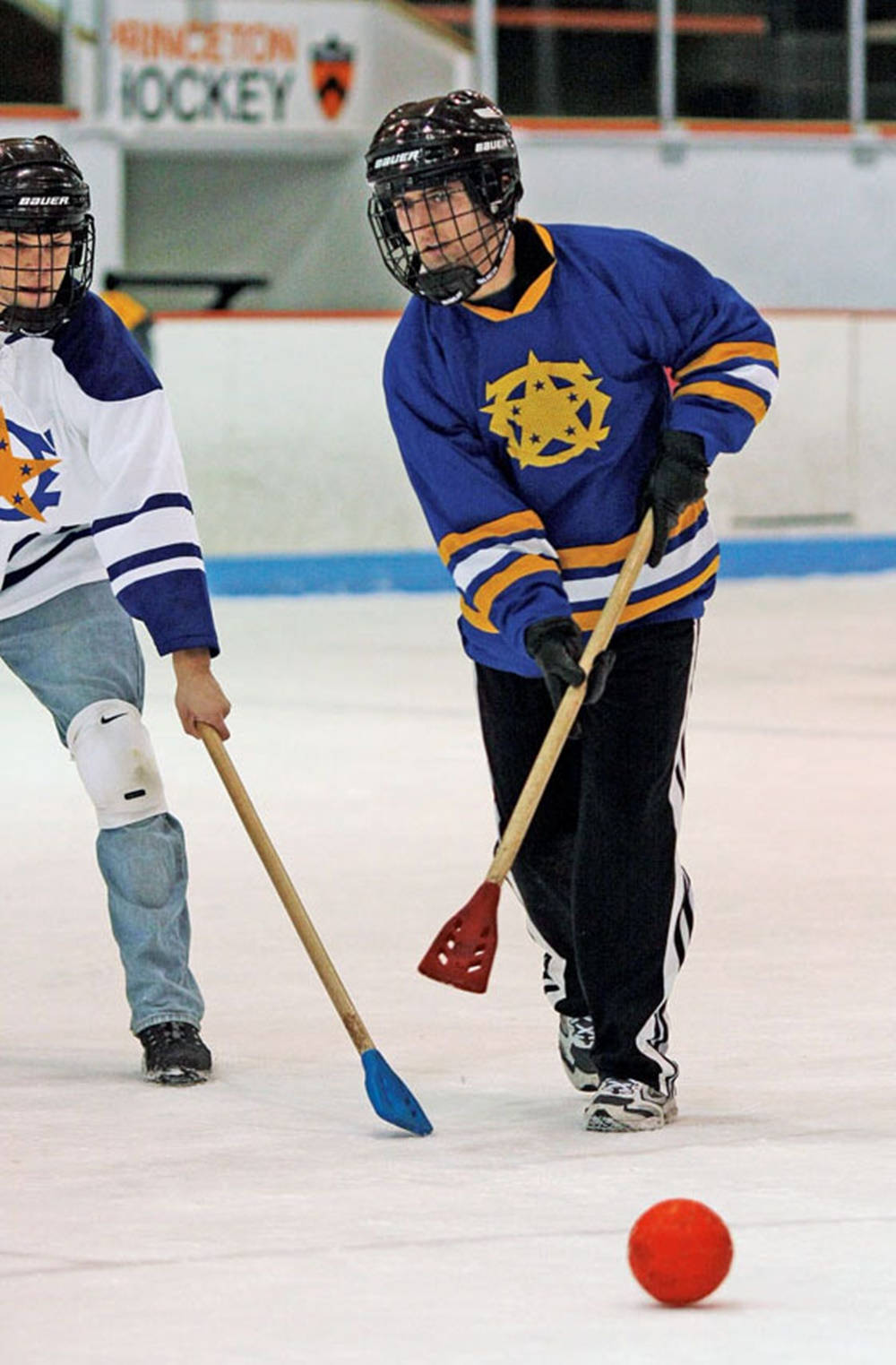 Broomball Campus White And Blue Players Background