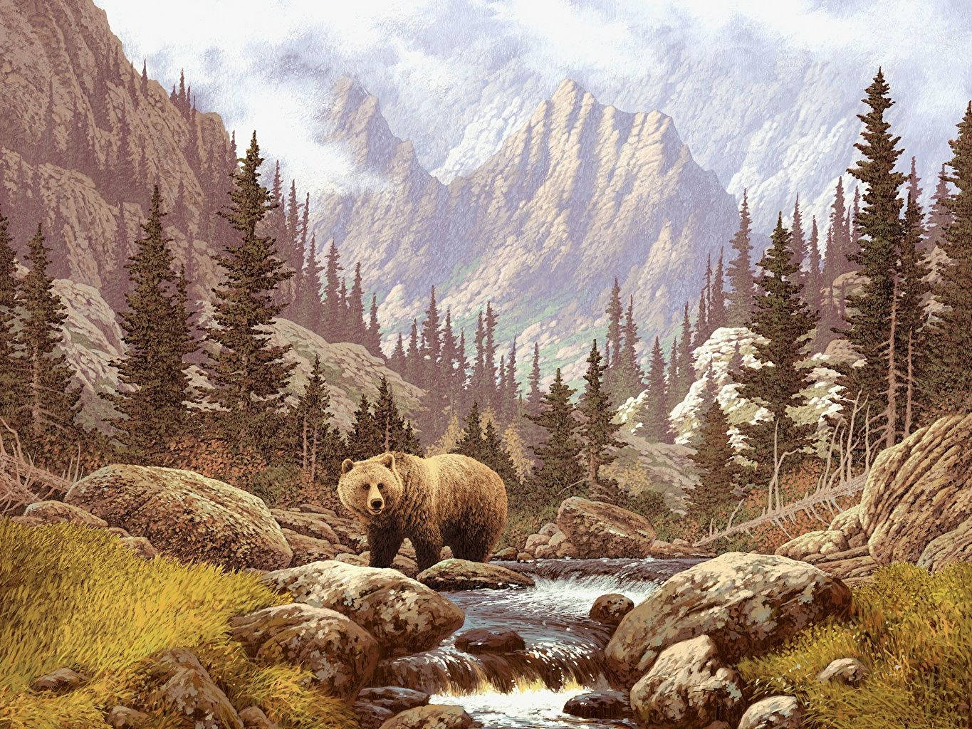 Brown Bear In Forest Art Background