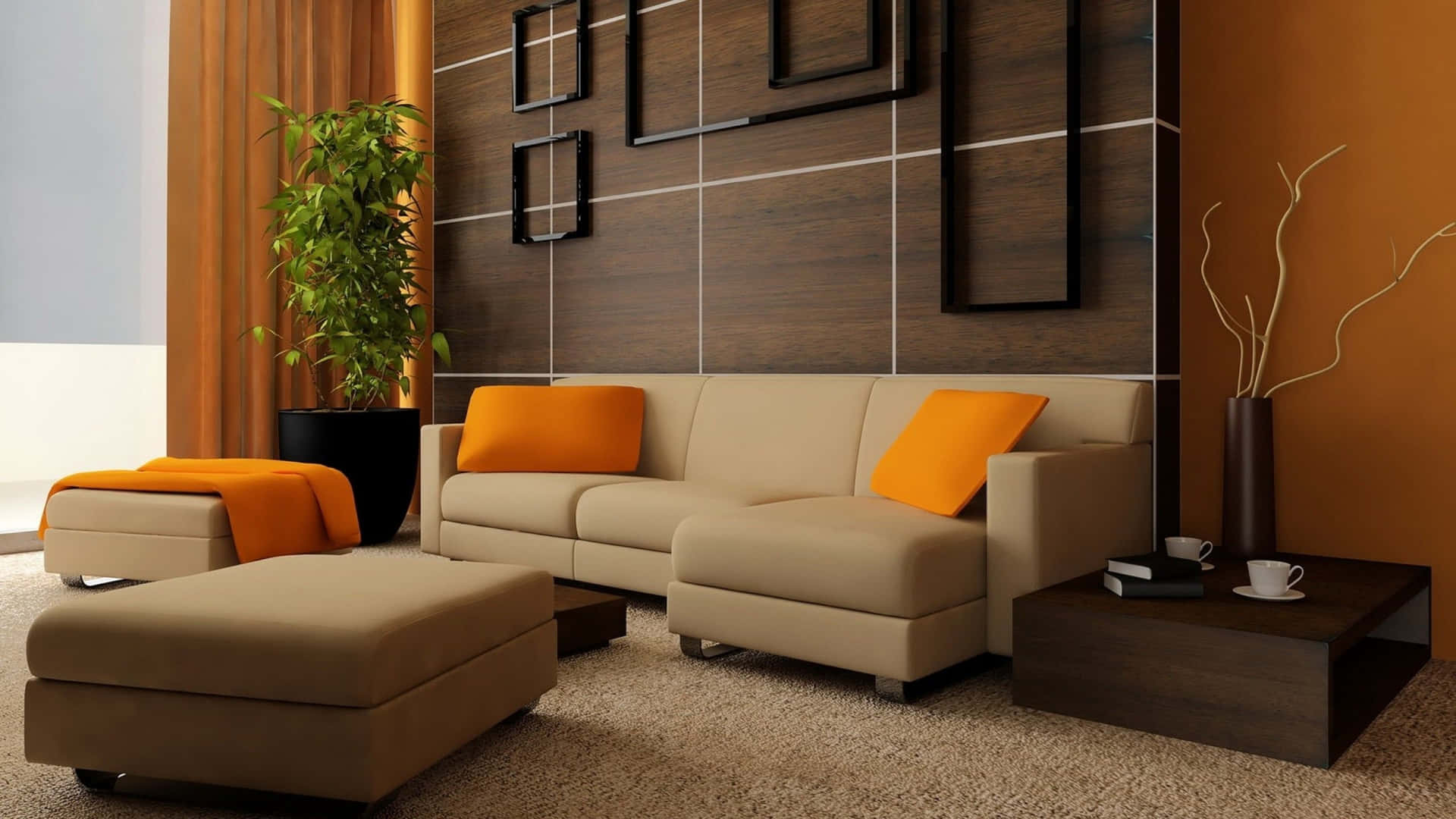Brown Couch Against Geometry Walls Background