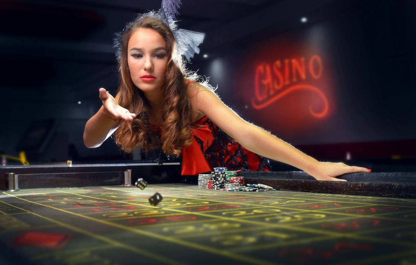 Brown-haired Woman Throwing Dices Baccarat Casino Background