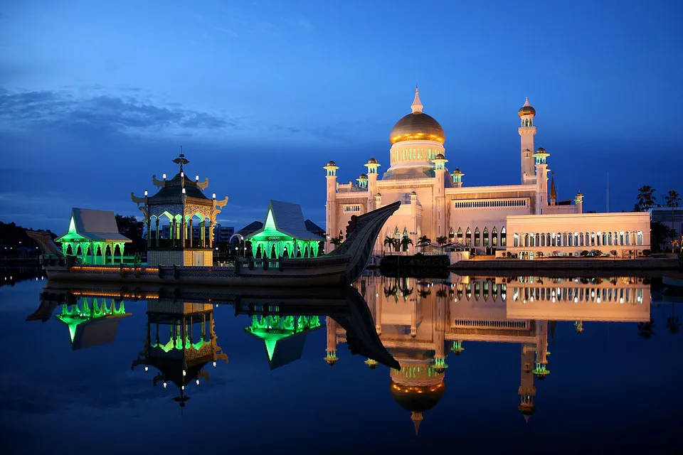 Brunei Barge With Green Lights