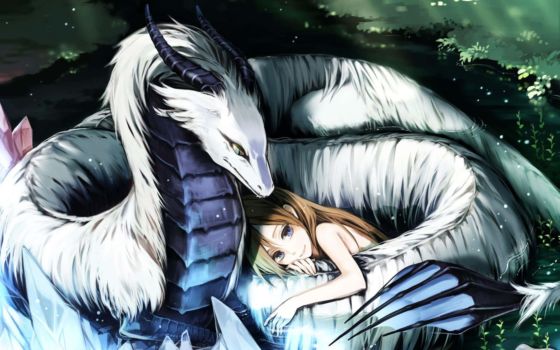 Brunette Girl Cuddling With A White Dragon Anime