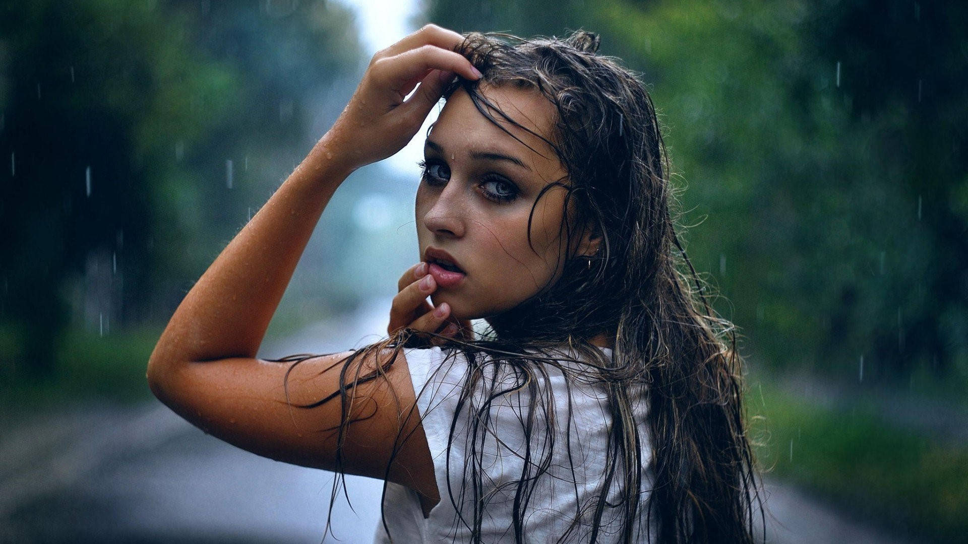 Brunette Girl Sad Eyes In The Rain