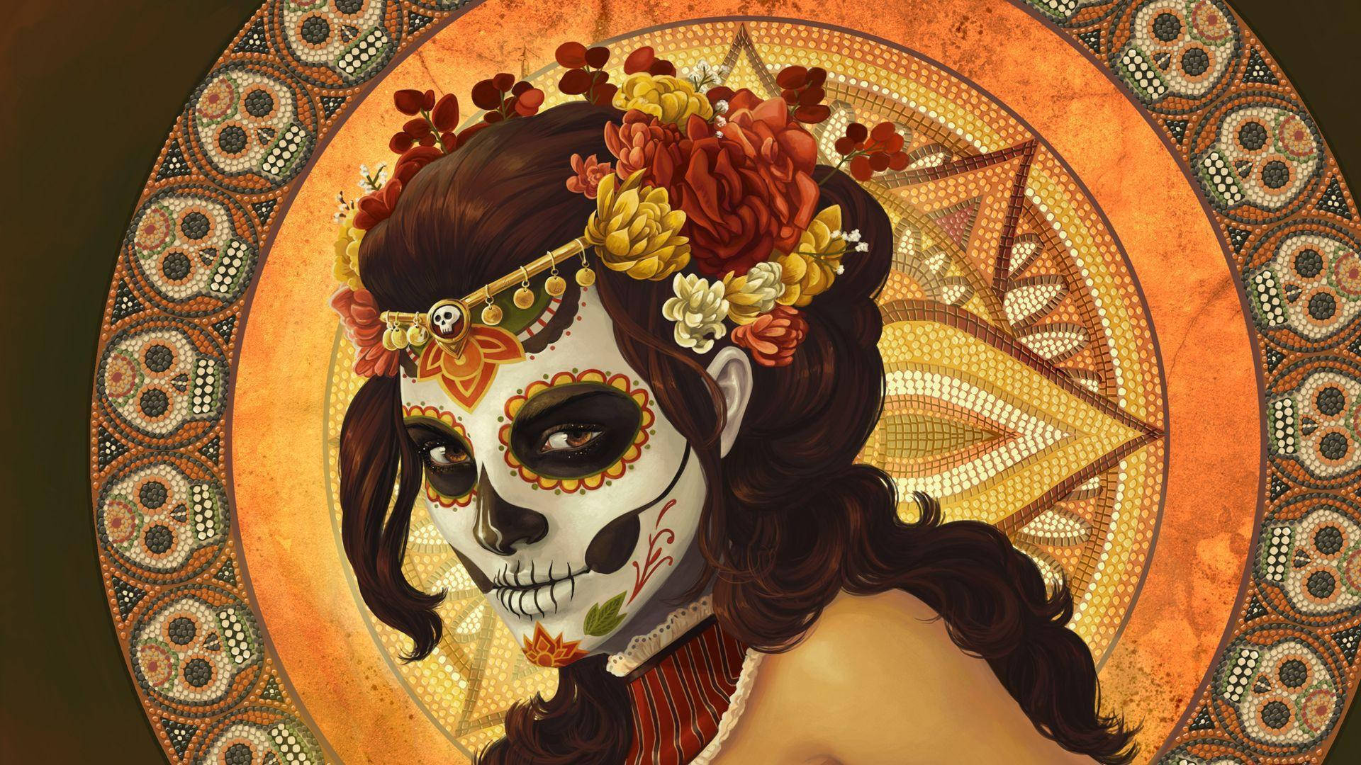 Brunette In Day Of The Dead Makeup Background