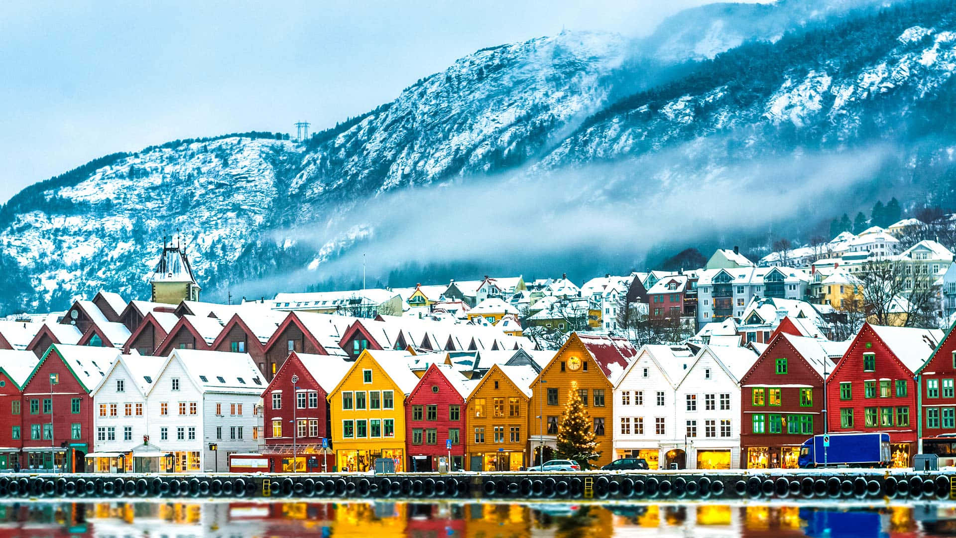 Bryggen Bergen Norway Winter Scenery Background