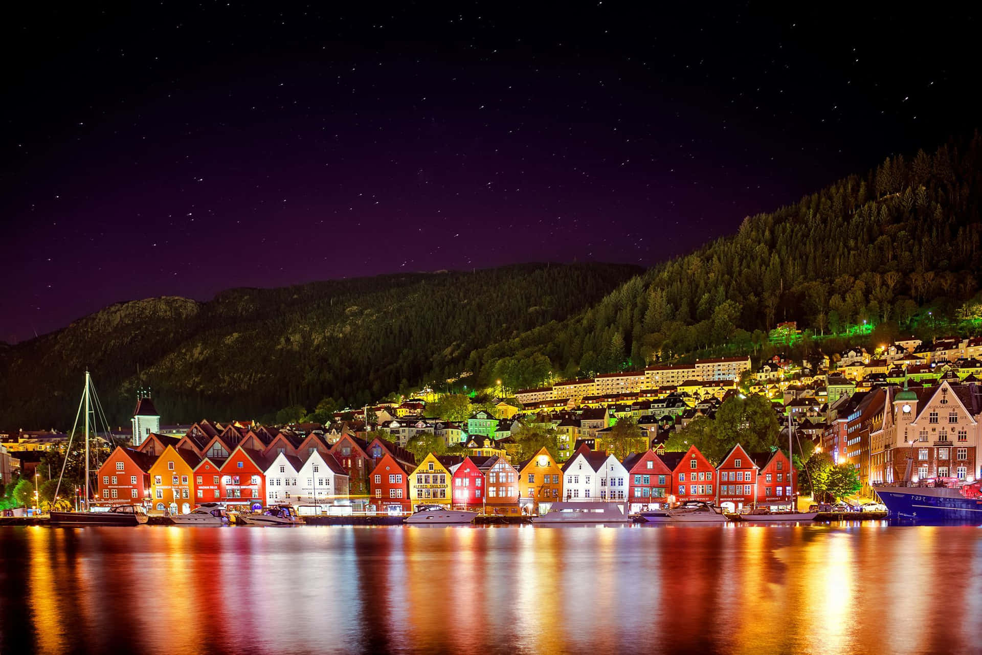Bryggen Norway Historic Waterfront Night Background