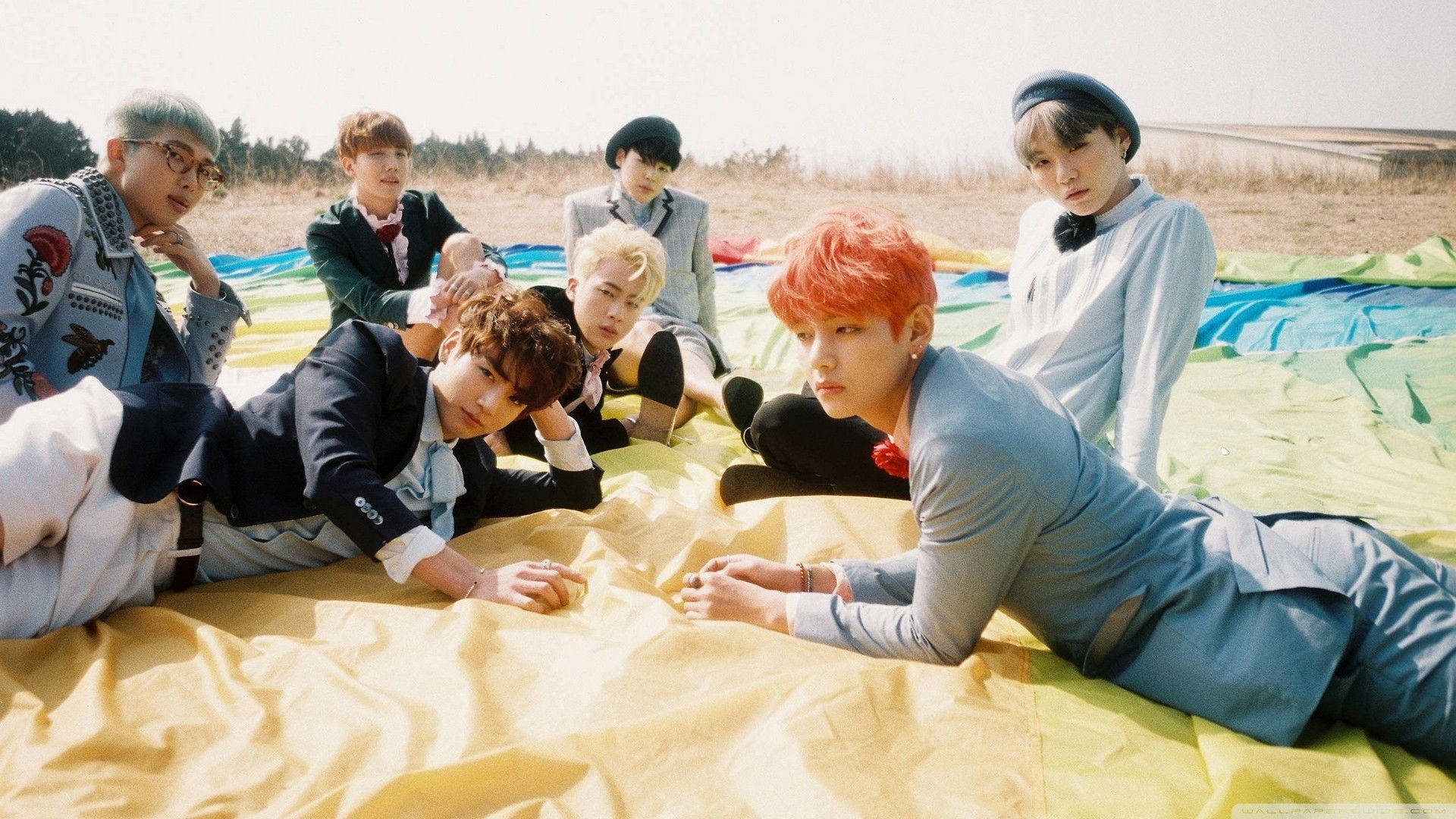 Bts 2021 Members Laying On Picnic Blanket Background