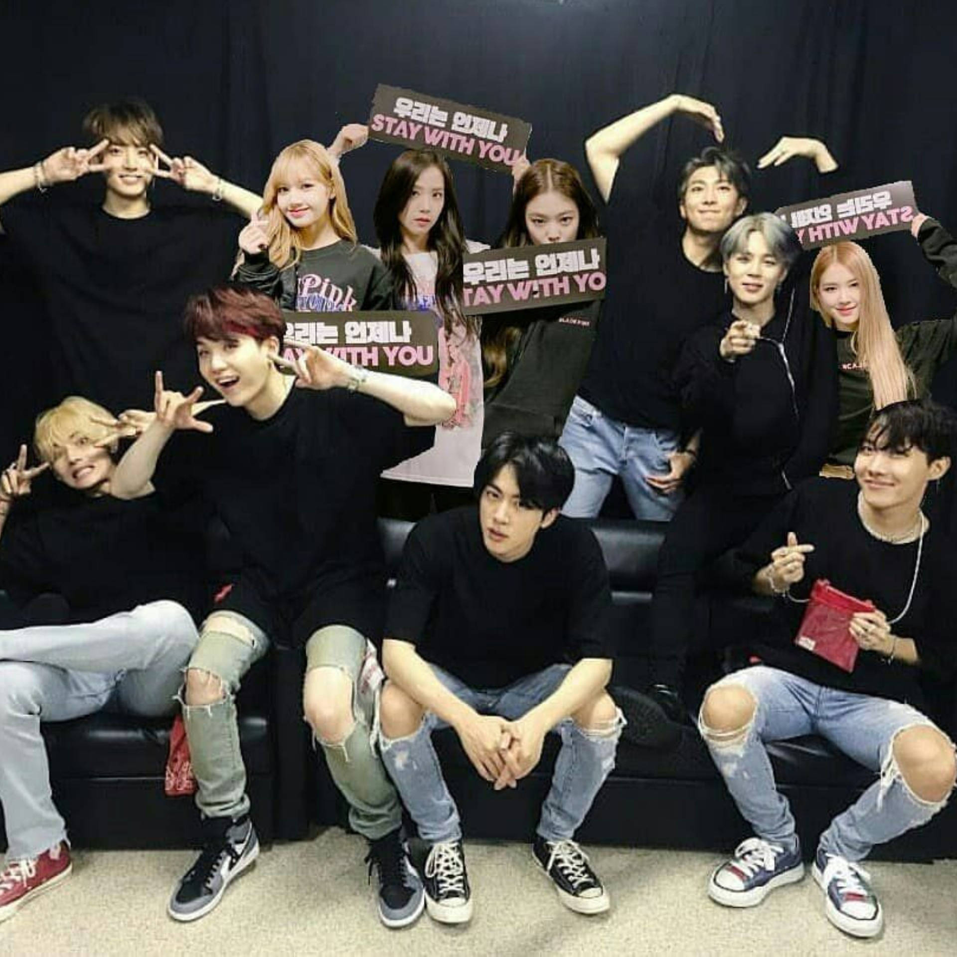 Bts And Blackpink Ripped Jeans And Placards Background