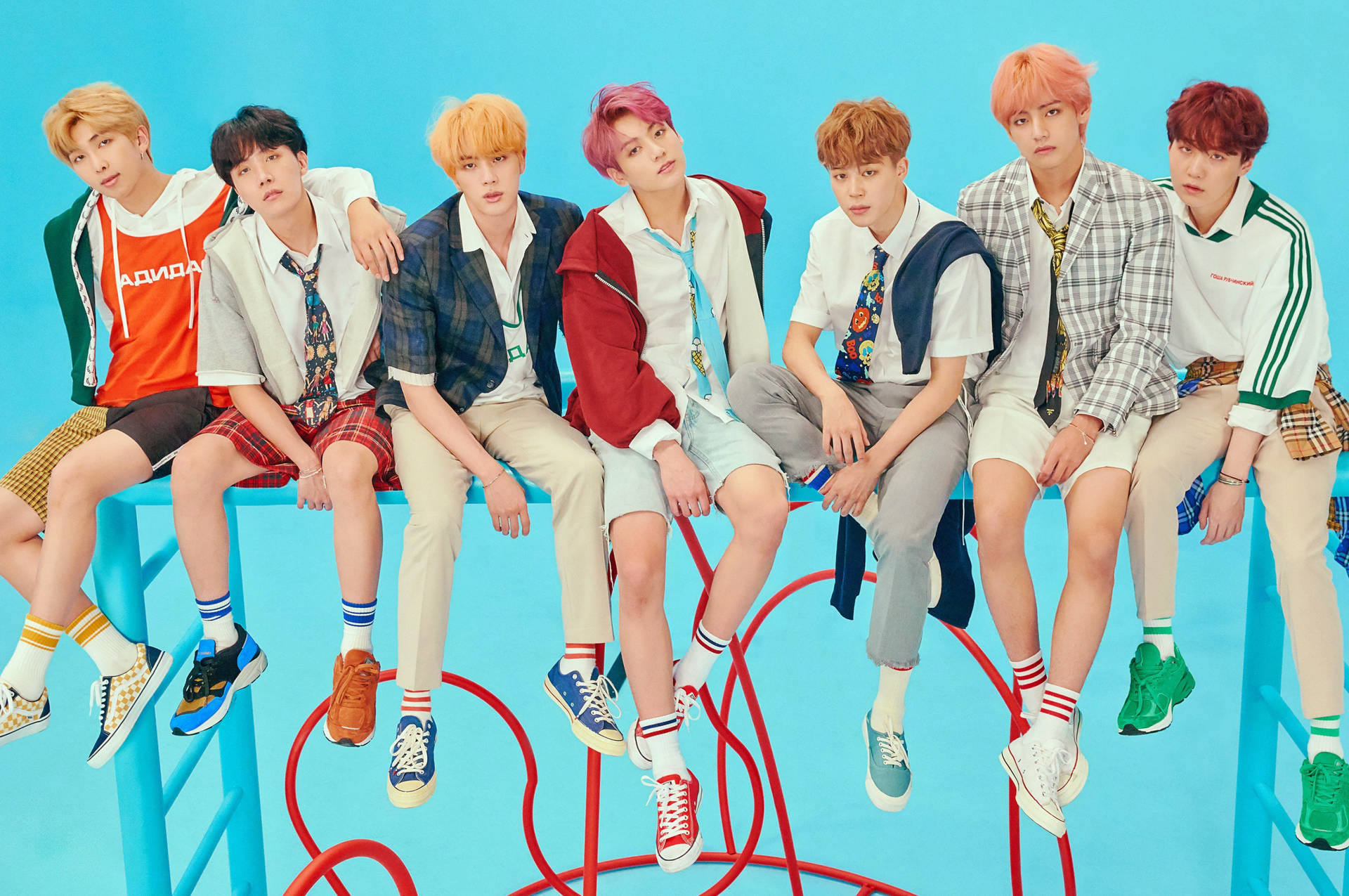 Bts Group Photo In Blue Background