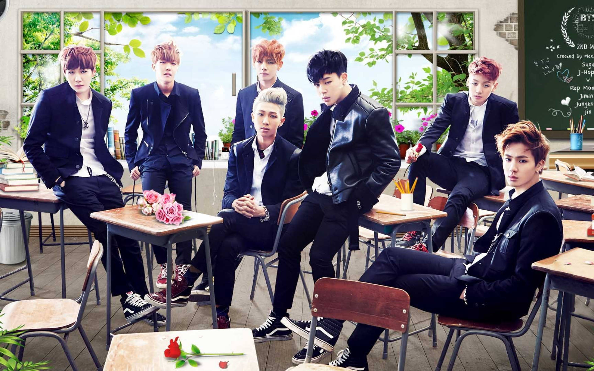 Bts Group Photo In Classroom Background