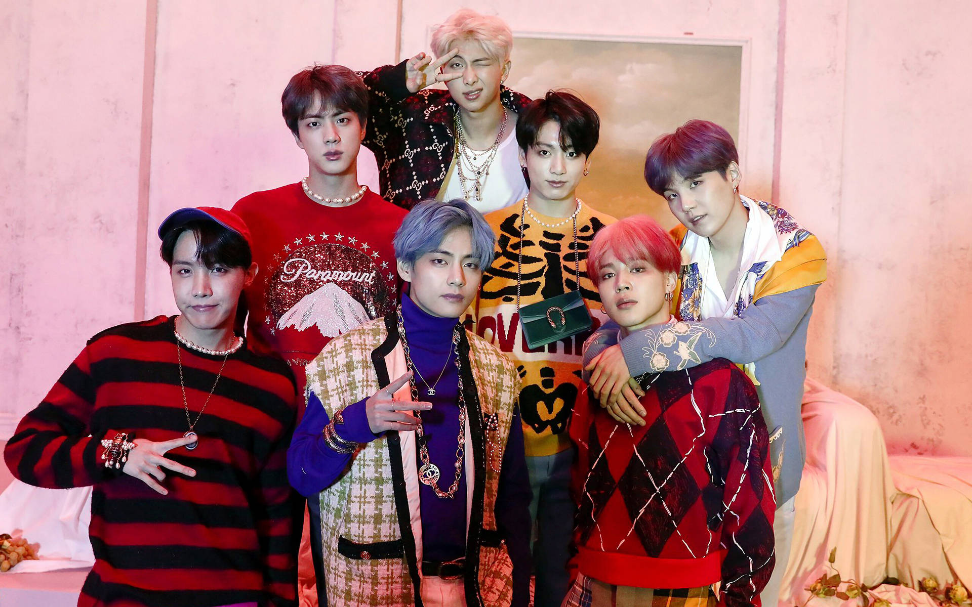 Bts Group Photo In Fashion Outfits Background