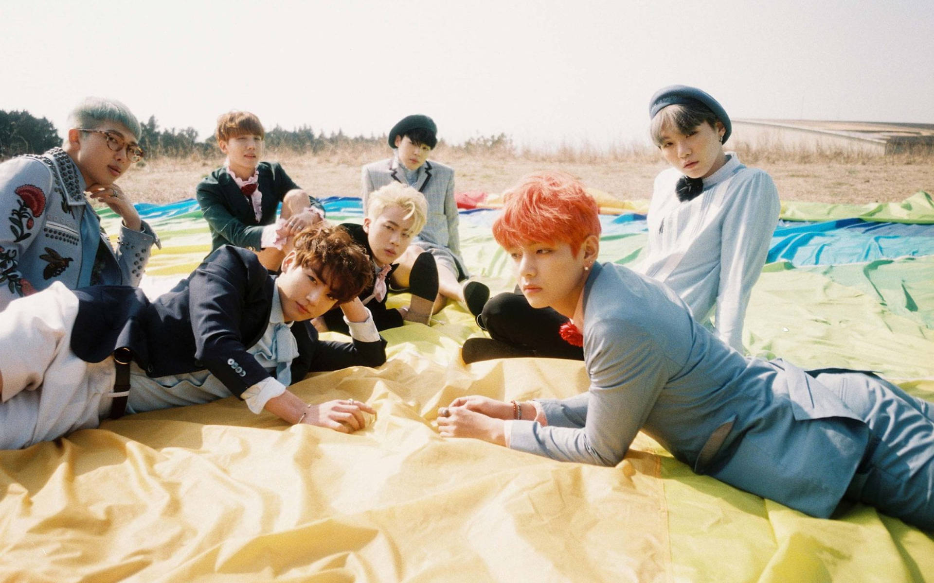 Bts Group Photo In Field Background