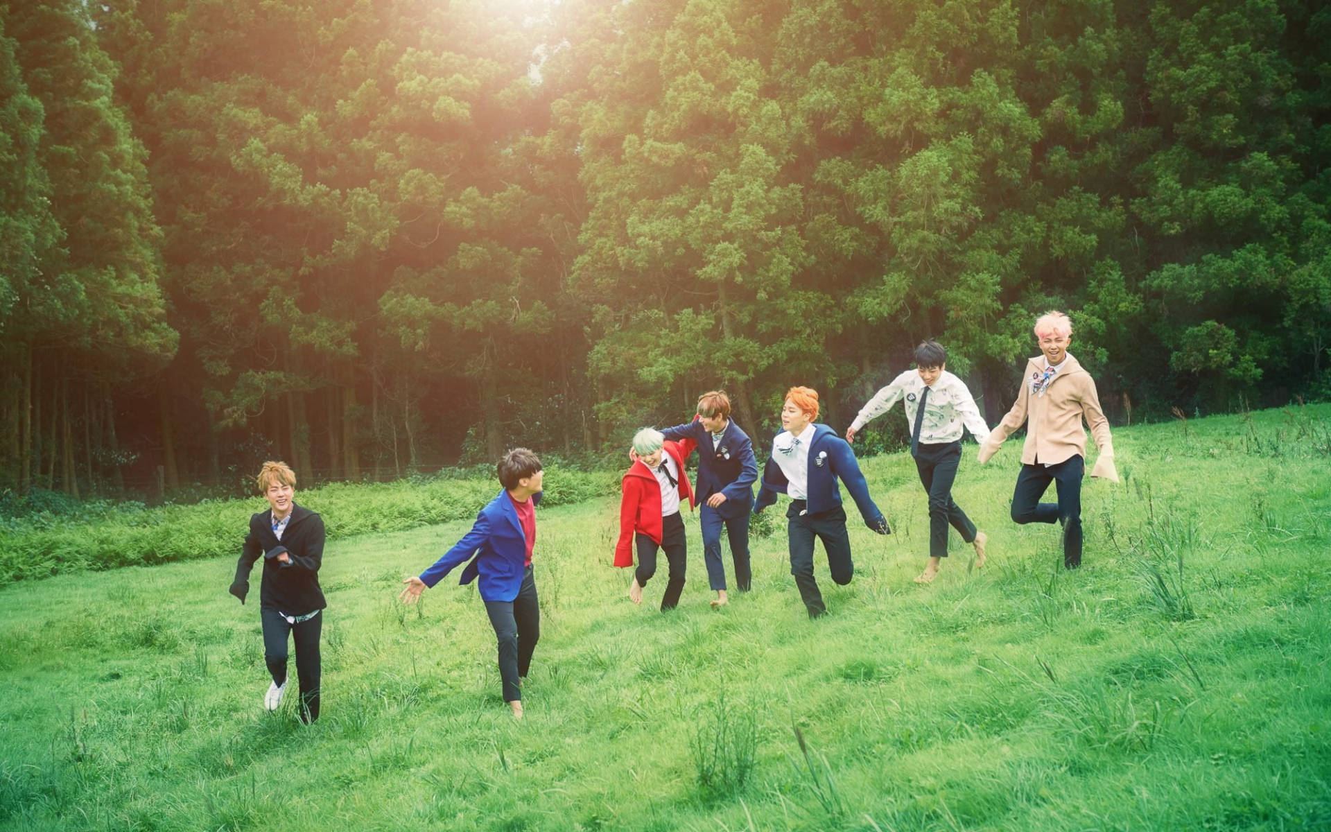 Bts Group Photo In Green Field Background