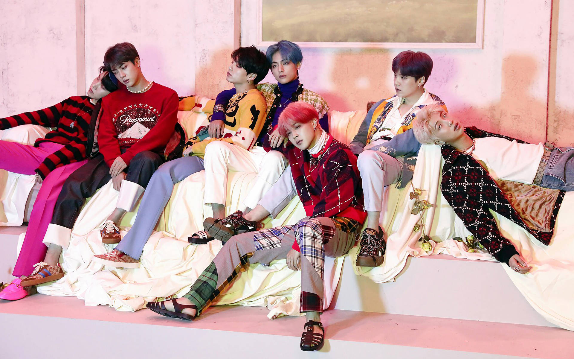 Bts Group Photo In Living Room Background