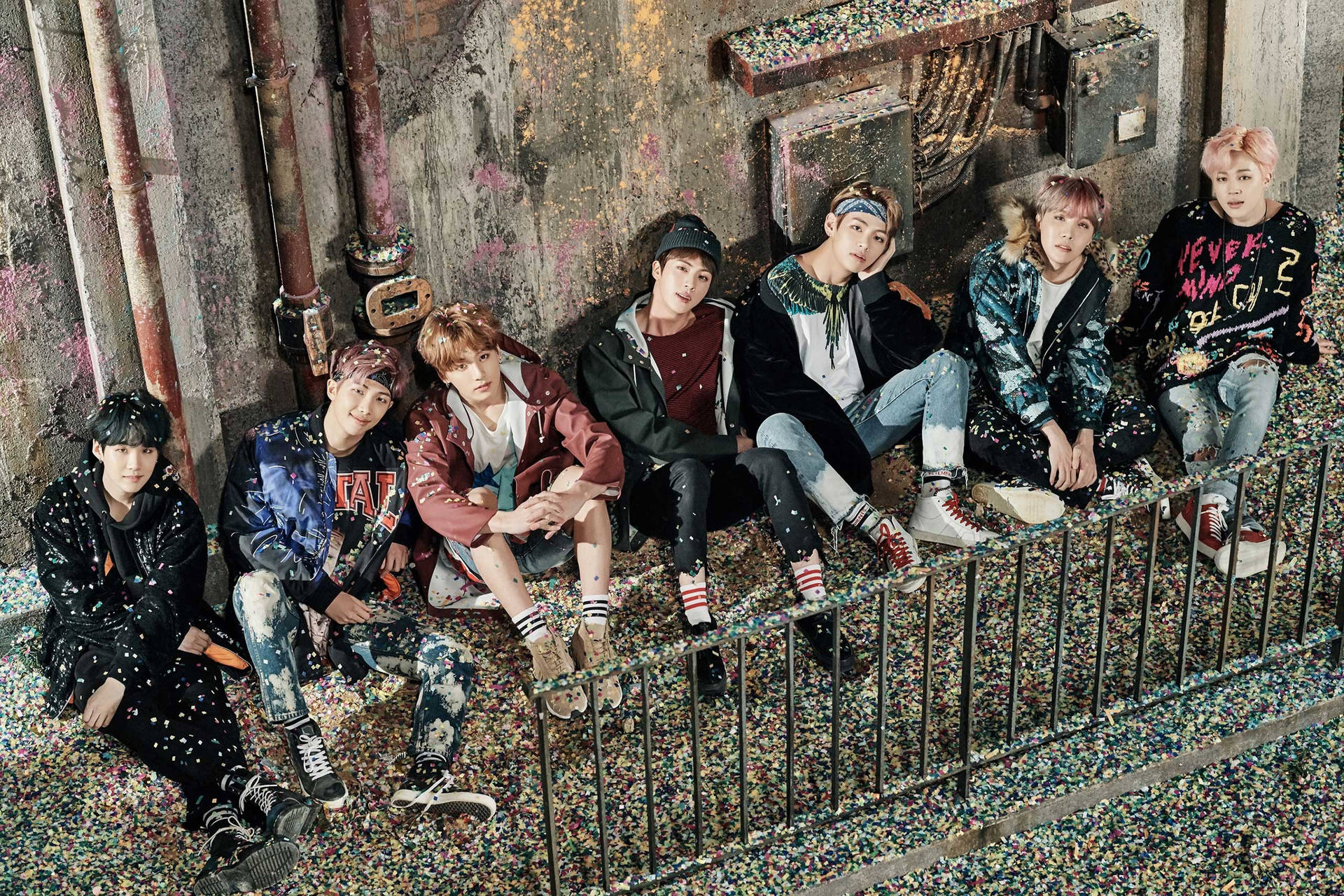 Bts In Alleyway With Confetti Laptop Background